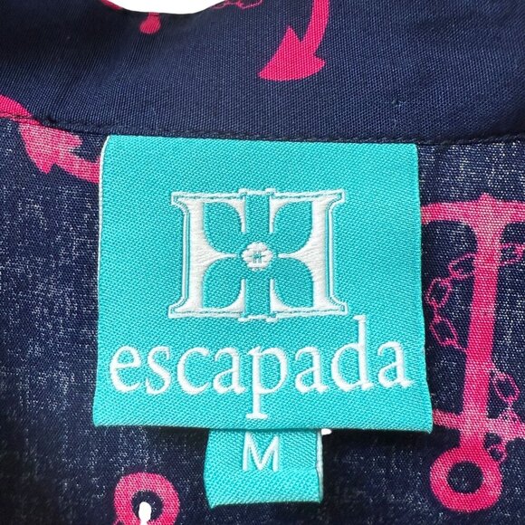 Escapada Tunic Blouse Medium Nautical Anchors Navy Blue Pink Rayon Womens Top - Picture 6 of 9